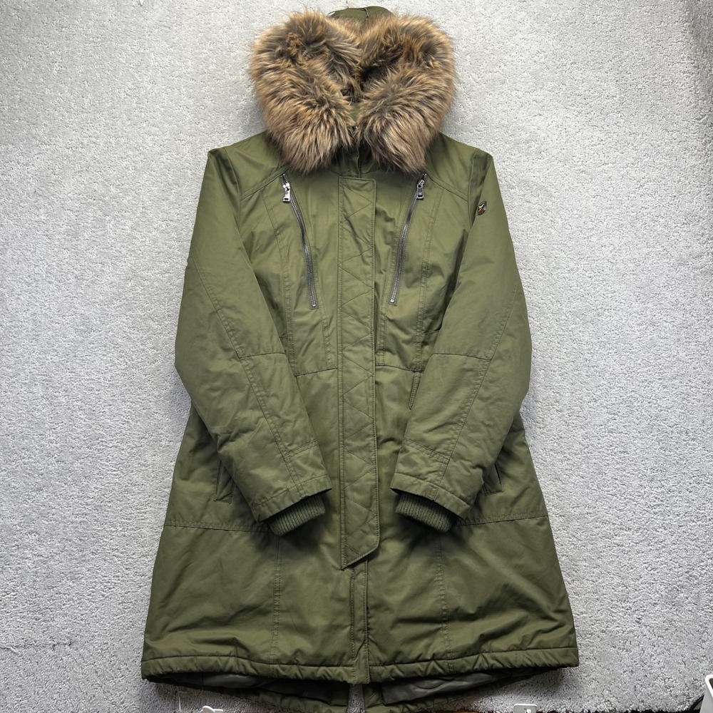 1 Madison Expedition Parka Jacket Womens Large Olive Green Faux Fur Outdoor